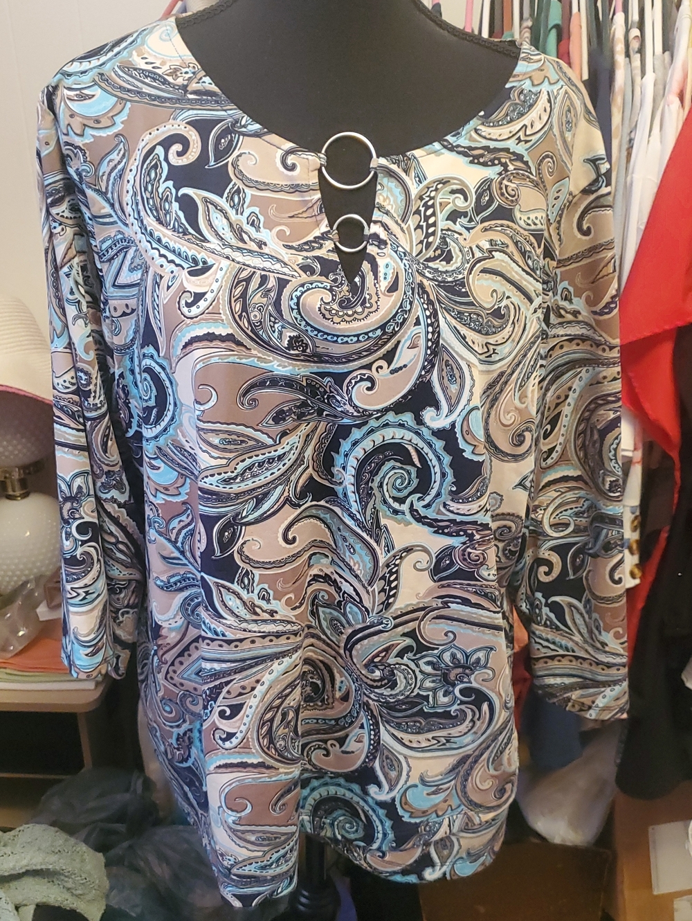 Women's Paisley Ring-Neck Tunic Top in Blue and Tan